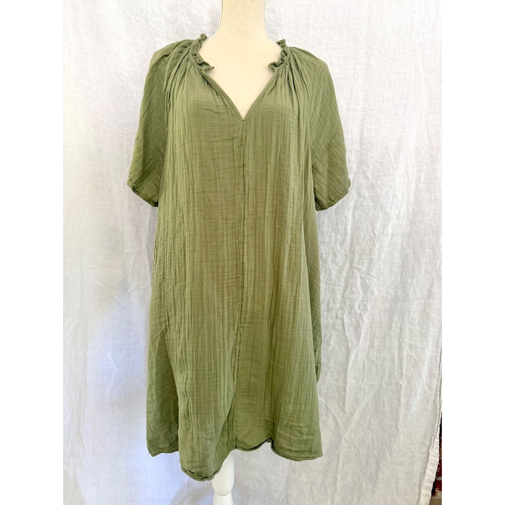 Old Navy Flutter-Sleeve Mini Swing Dress Olive Green Ruffle XL Crinkle Gauze